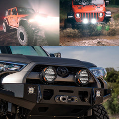 Collage of a red off-road vehicle on a dirt road, close-up of a Toyota vehicle's front bumper with lights, and another off-road vehicle in action.