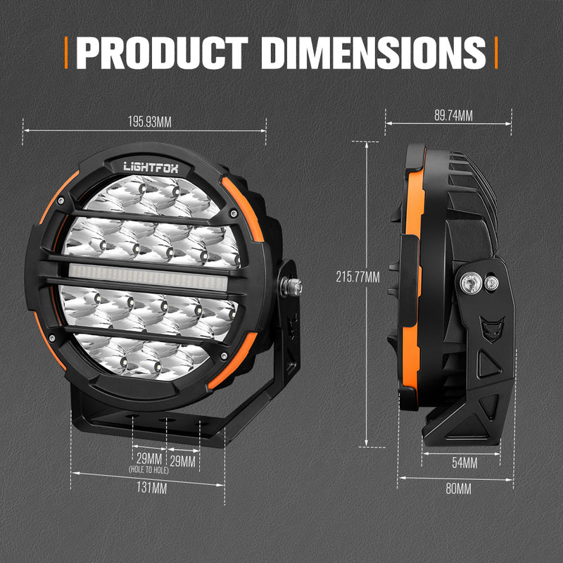 Lightfox off-road light with dimensions on a gray background