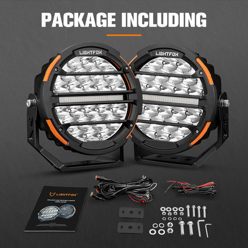 Lightfox off-road LED headlights with accessories on a dark background