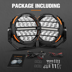 Lightfox off-road LED headlights with accessories on a dark background