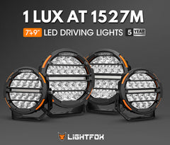 Set of LED driving lights with Lightfox branding on a dark background