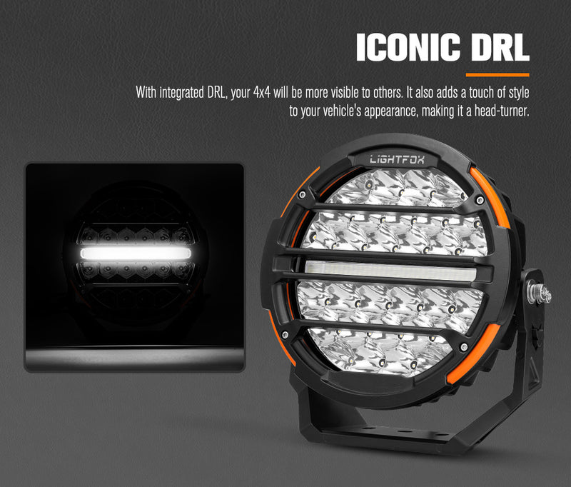 LED light with integrated DRL feature on a dark background, featuring the brand 'Lightfox'.