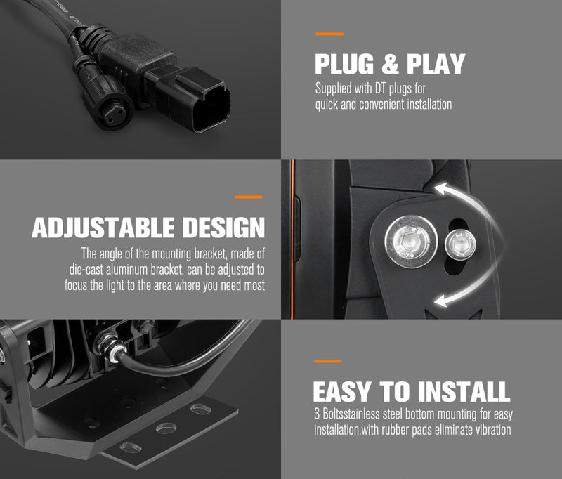 Product features with text on plug and play, adjustable design, and easy installation.