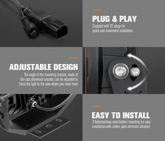 Product features with text on plug and play, adjustable design, and easy installation.