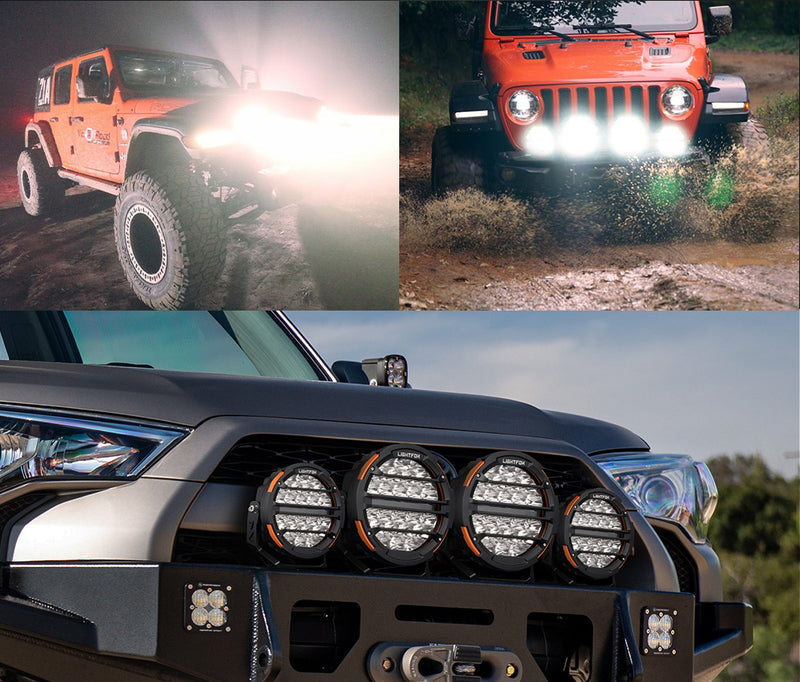 Collage of an orange off-road vehicle with headlights on, driving on a dirt road, and a close-up of a vehicle's front bumper with LED lights.