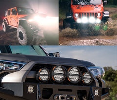 Collage of an orange off-road vehicle with headlights on, driving on a dirt road, and a close-up of a vehicle's front bumper with LED lights.
