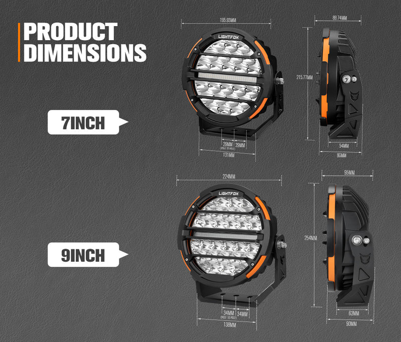 Dimensions of 7-inch and 9-inch LED lights on a gray background