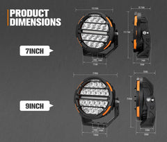 Dimensions of 7-inch and 9-inch LED lights on a gray background