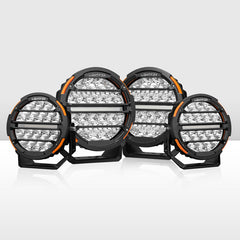 Set of round LED lights with black and orange accents on a white background