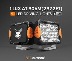 Two LED driving lights with Lightfox branding on a dark background