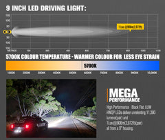 9-inch LED driving light with performance data and color temperature information.