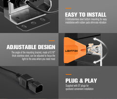 Lightfox product with features like easy installation, adjustable design, and plug & play setup on a gray background.