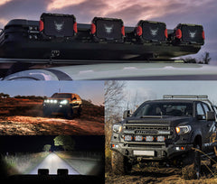 Roof rack lights on a vehicle with additional images of a truck in different settings.
