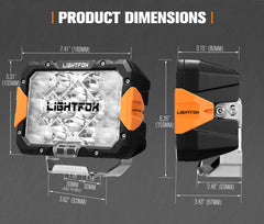 Lightfox off-road light with dimensions on a gray background