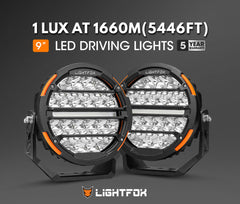 Pair of LED driving lights with specifications and Lightfox branding on a dark background