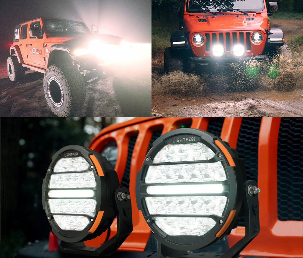 Collage of an orange off-road vehicle with large round headlights on a dark background.