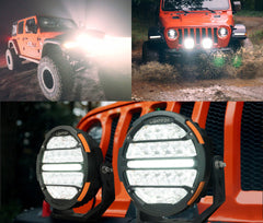 Collage of an orange off-road vehicle with large round headlights on a dark background.