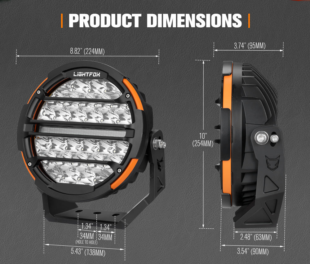 Lightfox off-road LED light with dimensions on a gray background