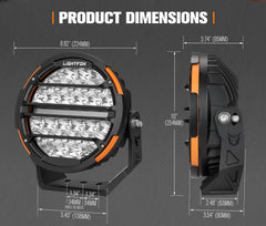 Lightfox off-road LED light with dimensions on a gray background