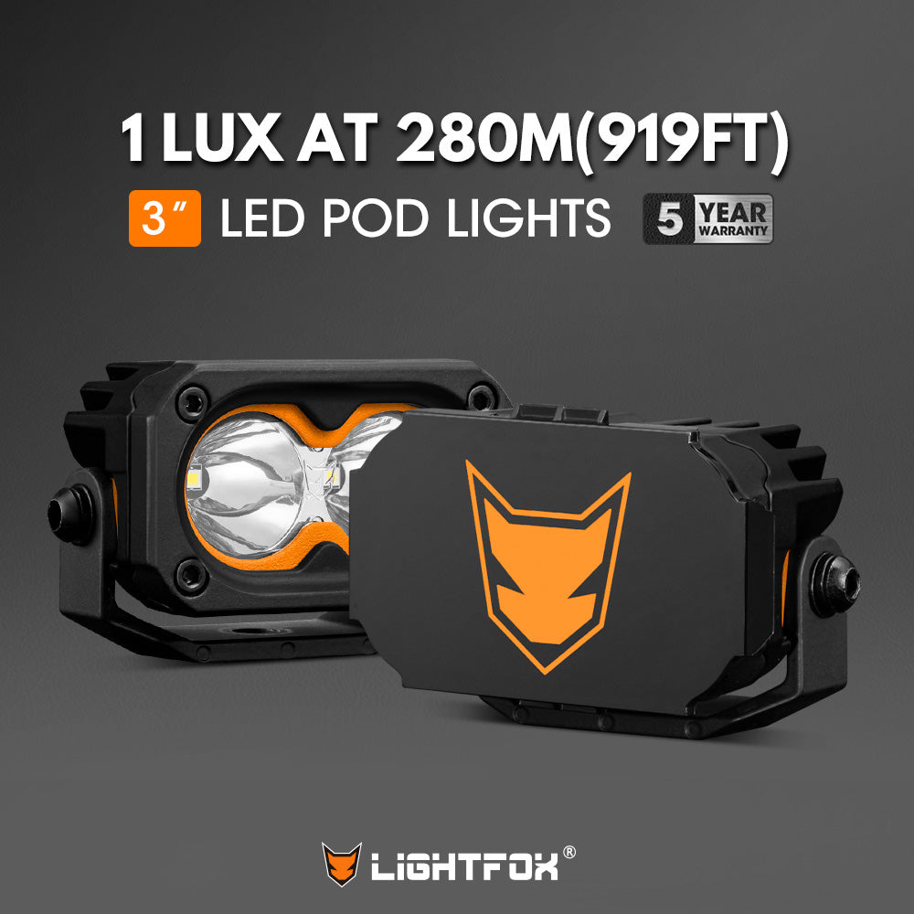 LED pod lights with Lightfox logo on a dark background