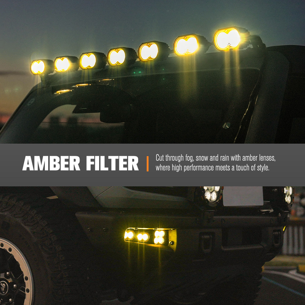 Front view of a vehicle with amber lights on a dark background, featuring text about amber filter.
