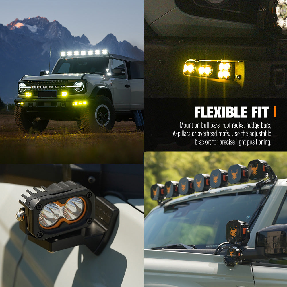 Collage of vehicle lights with mountain background and flexible fit text.