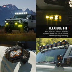 Collage of vehicle lights with mountain background and flexible fit text.