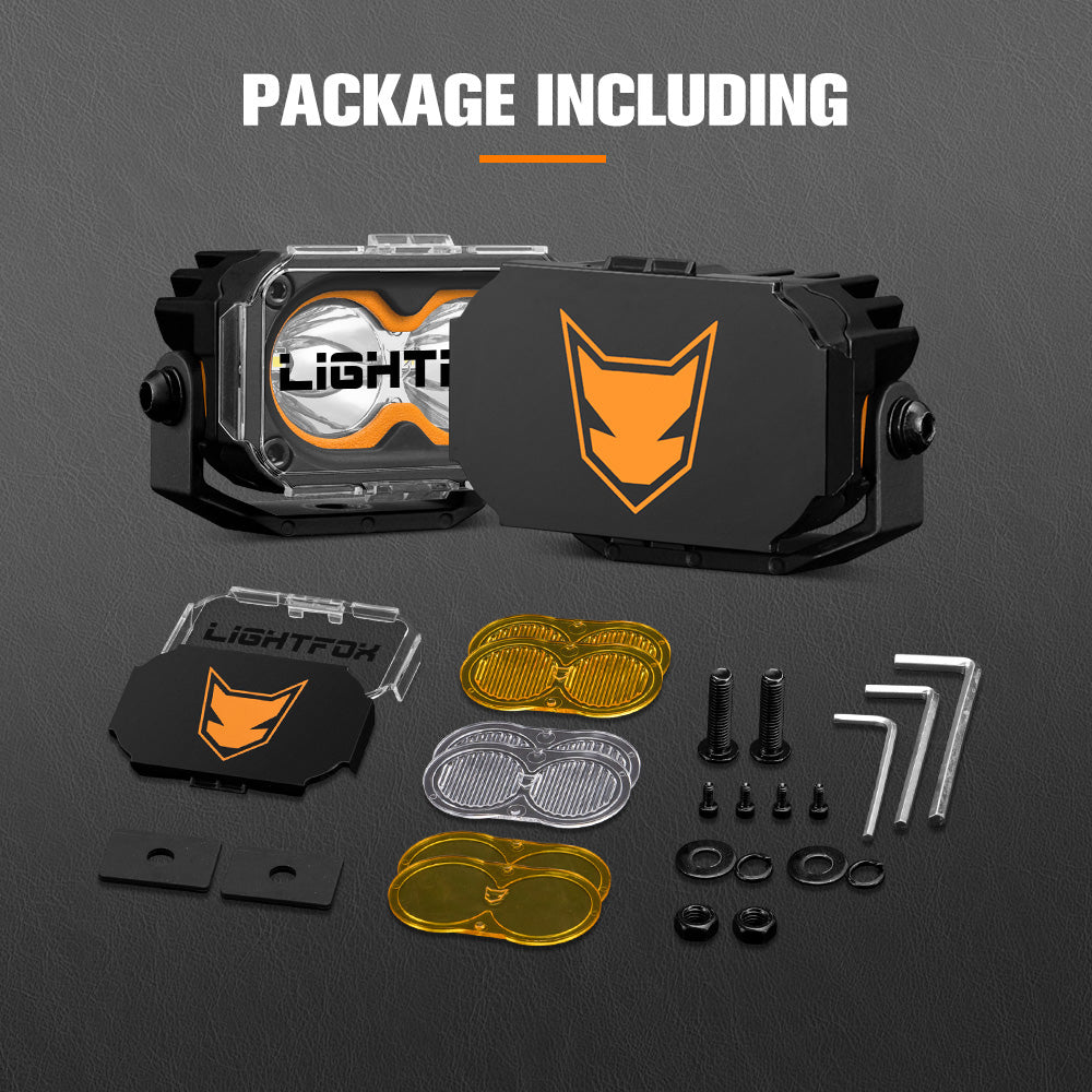 Lightfox package including two lights, covers, and mounting hardware on a dark background.