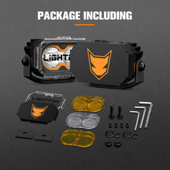 Lightfox package including two lights, covers, and mounting hardware on a dark background.
