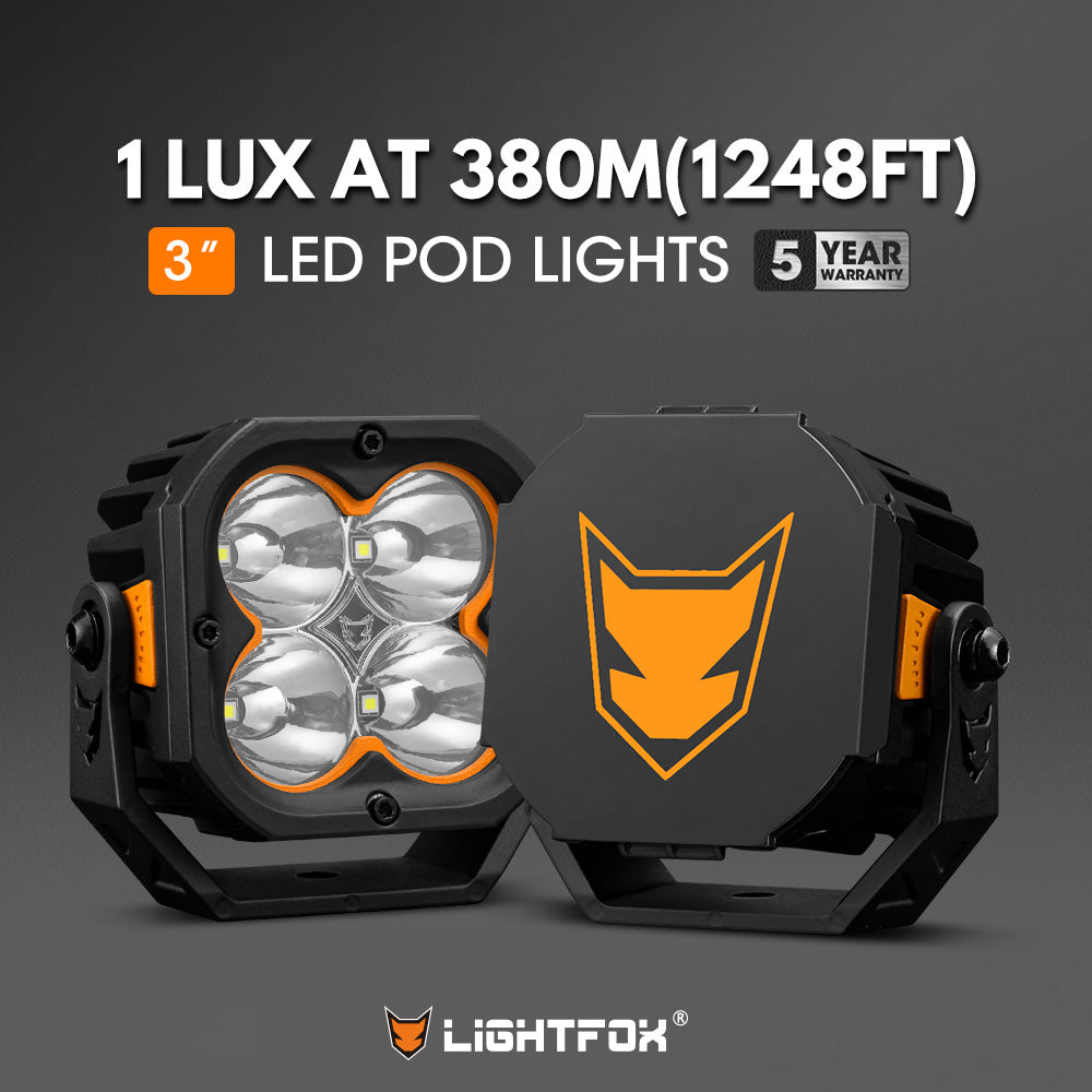 LED pod lights with Lightfox branding on a dark background