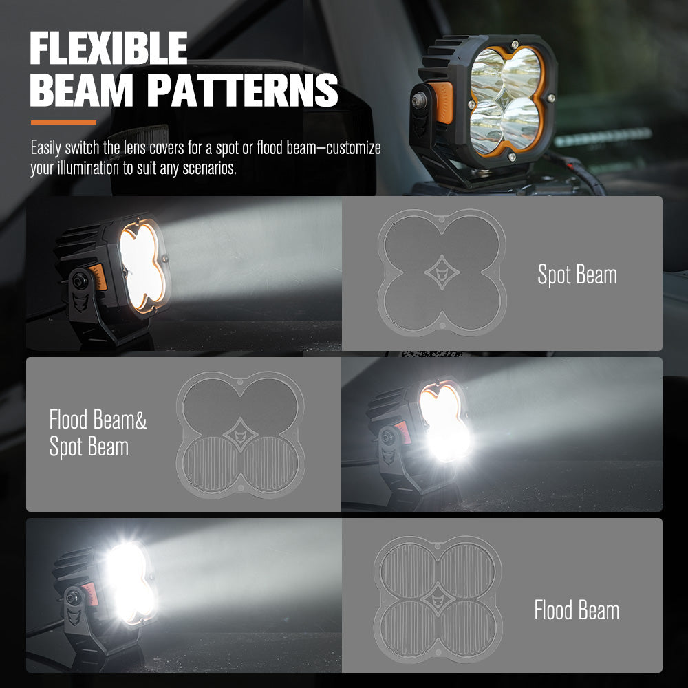 LED light with flexible beam patterns on a dark background