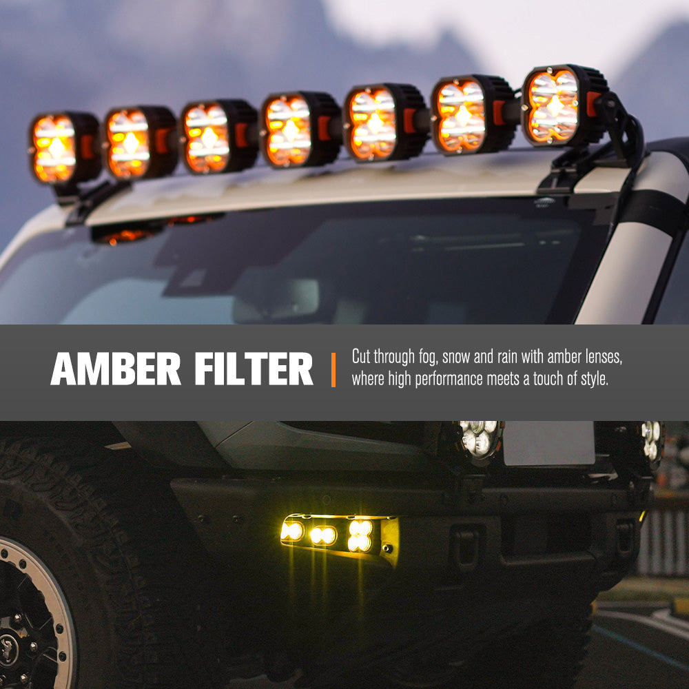 Off-road vehicle with amber filter lights on a cloudy day