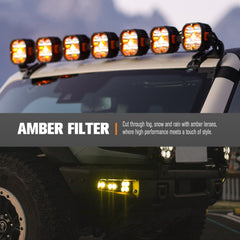 Off-road vehicle with amber filter lights on a cloudy day