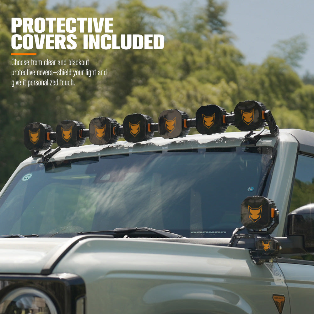 Car roof lights and protective covers on a vehicle, with text about included protective covers.