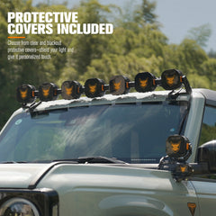 Car roof lights and protective covers on a vehicle, with text about included protective covers.