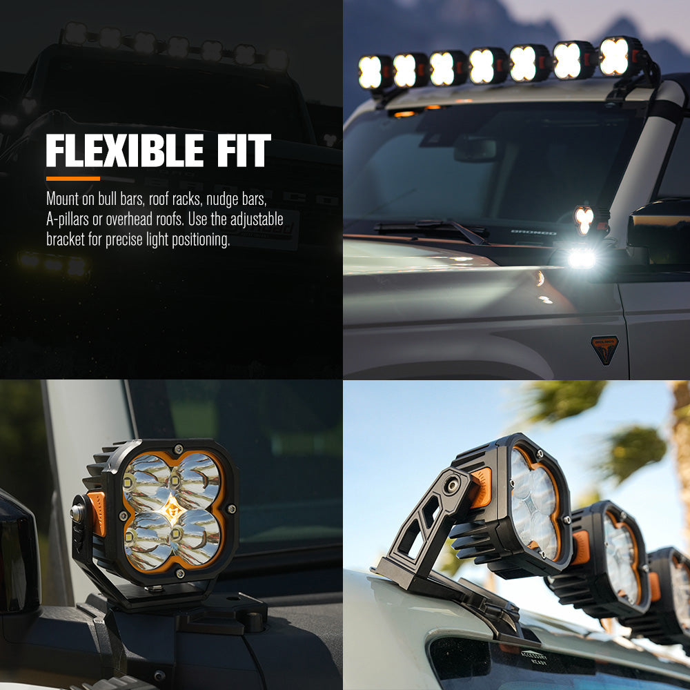 Collage of vehicle lights with text on flexible fit and usage scenarios.