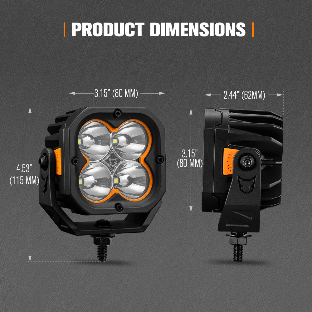 Dimensions of two off-road lights on a gray background with 'Product Dimensions' text.