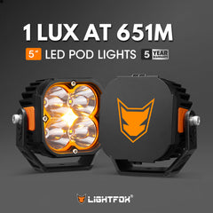 5-inch LED pod lights with Lightfox logo on a dark background