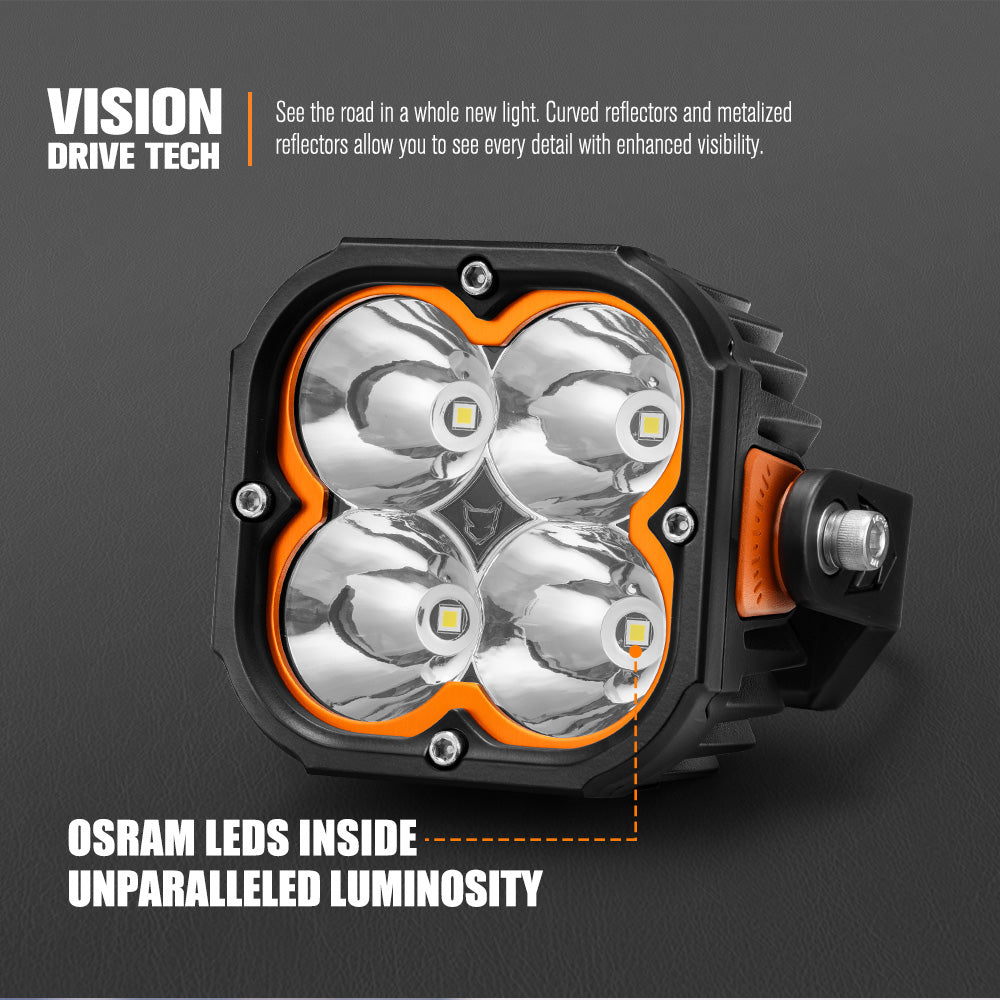 Vision Drive Tech off-road light with Osram LEDs on a dark background
