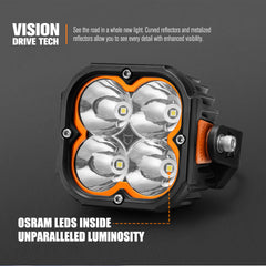 Vision Drive Tech off-road light with Osram LEDs on a dark background