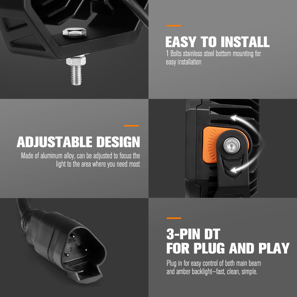 Product features with text on installation, design, and connectivity on a dark background