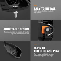 Product features with text on installation, design, and connectivity on a dark background