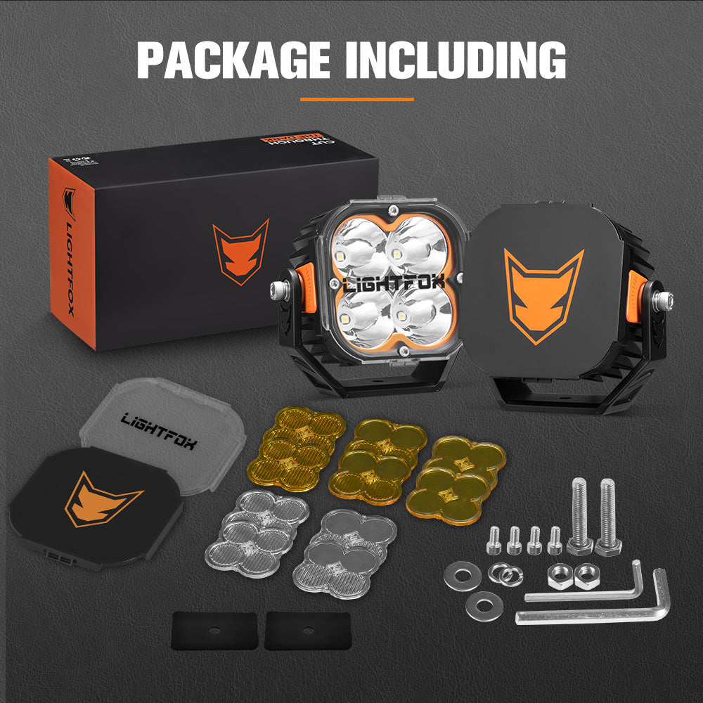 Lightfox off-road package with lights, mounting hardware, and packaging on a dark background