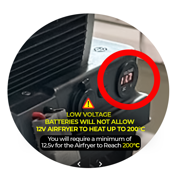 A close-up circular inset showing part of a black and silver air fryer, with a red circle highlighting a digital display reading.