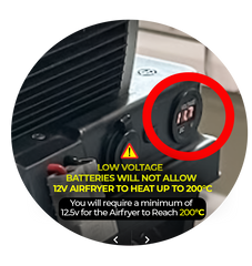 A close-up circular inset showing part of a black and silver air fryer, with a red circle highlighting a digital display reading.
