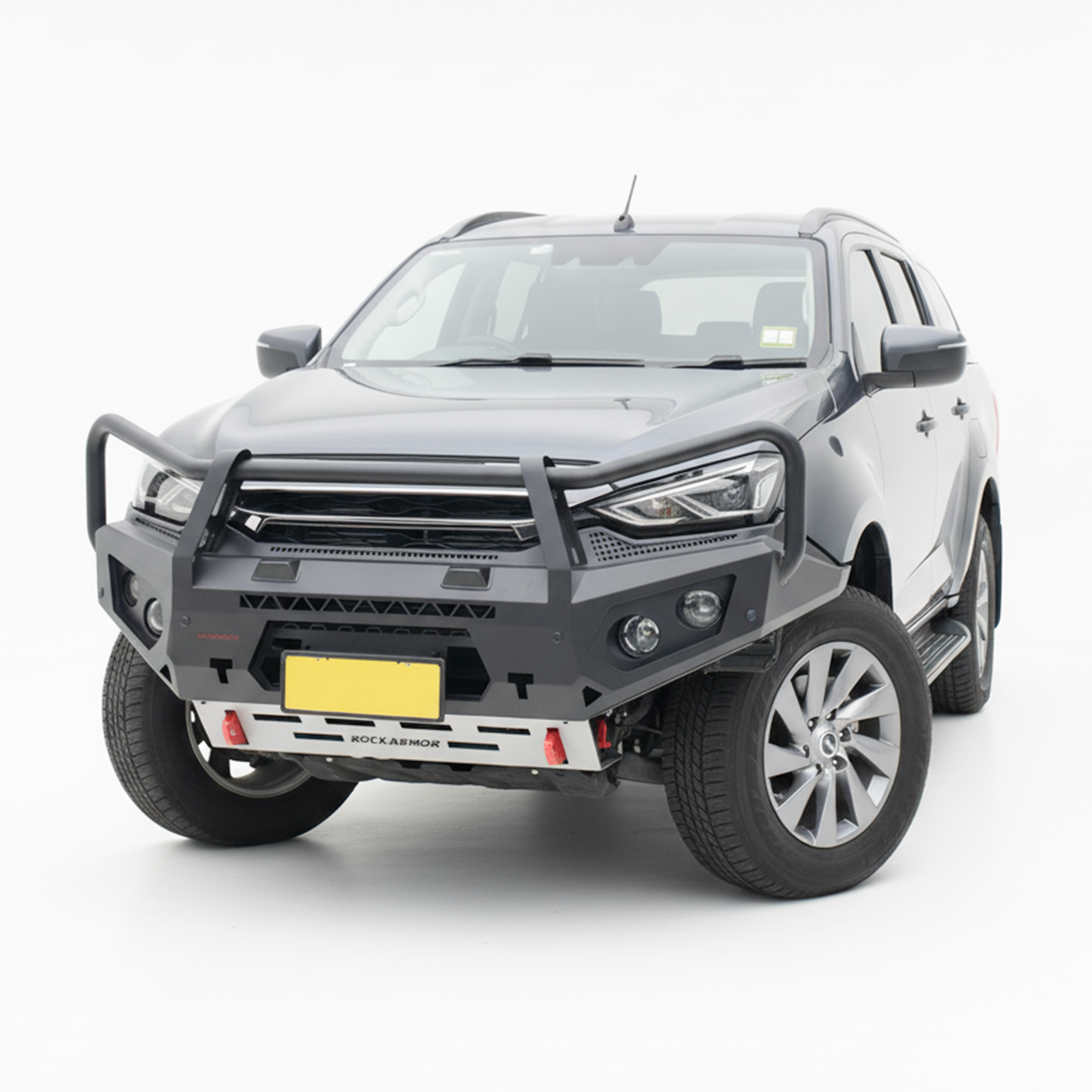 Gray Isuzu MU-X SUV bull bar with a front bumper on a white background
