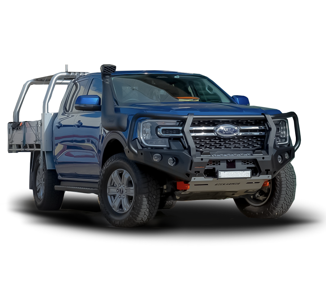 A blue Ford Ranger pickup truck bakkie with off-road modifications, including a black front bull bar, roof rack, snorkel, and rear utility bed, shown on a white background with a soft shadow.