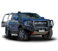 A blue Ford Ranger pickup truck bakkie with off-road modifications, including a black front bull bar, roof rack, snorkel, and rear utility bed, shown on a white background with a soft shadow.