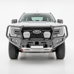 Grey Ford Everest SUV with a black grille and Rockarmor bumper bull bar on a white background