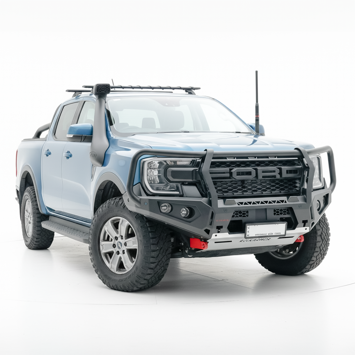 Blue Ford Ranger bakkie pickup truck with off-road modifications and Rockarmor bumper bull bar on a white background